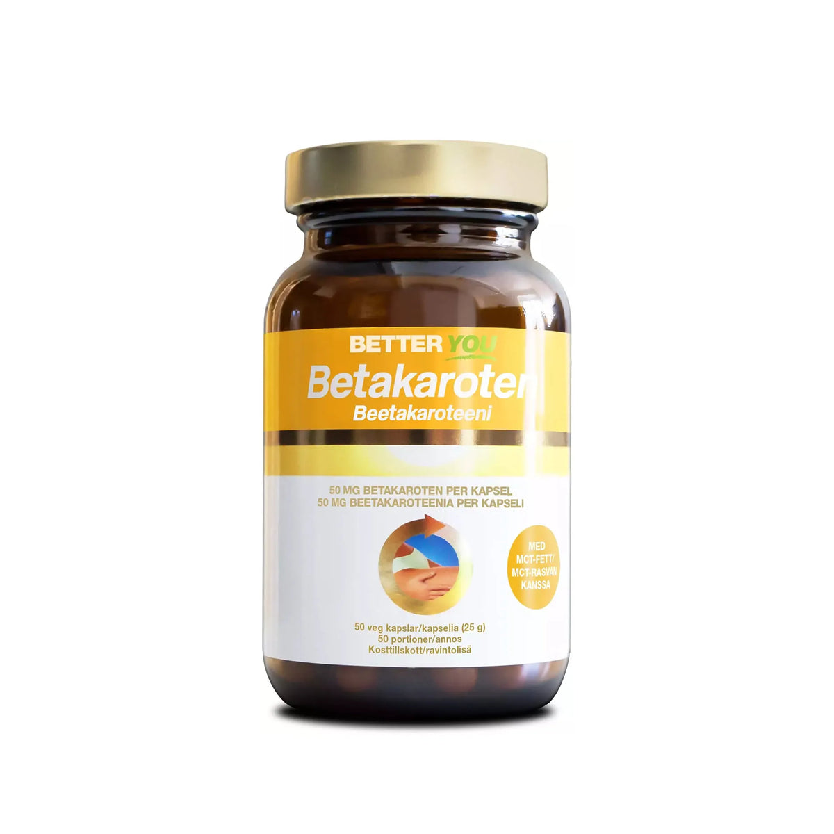 Better You Betakaroten 50 mg 50 caps i en brun burk med guldlock och gulvit etikett., bild 1 av 1