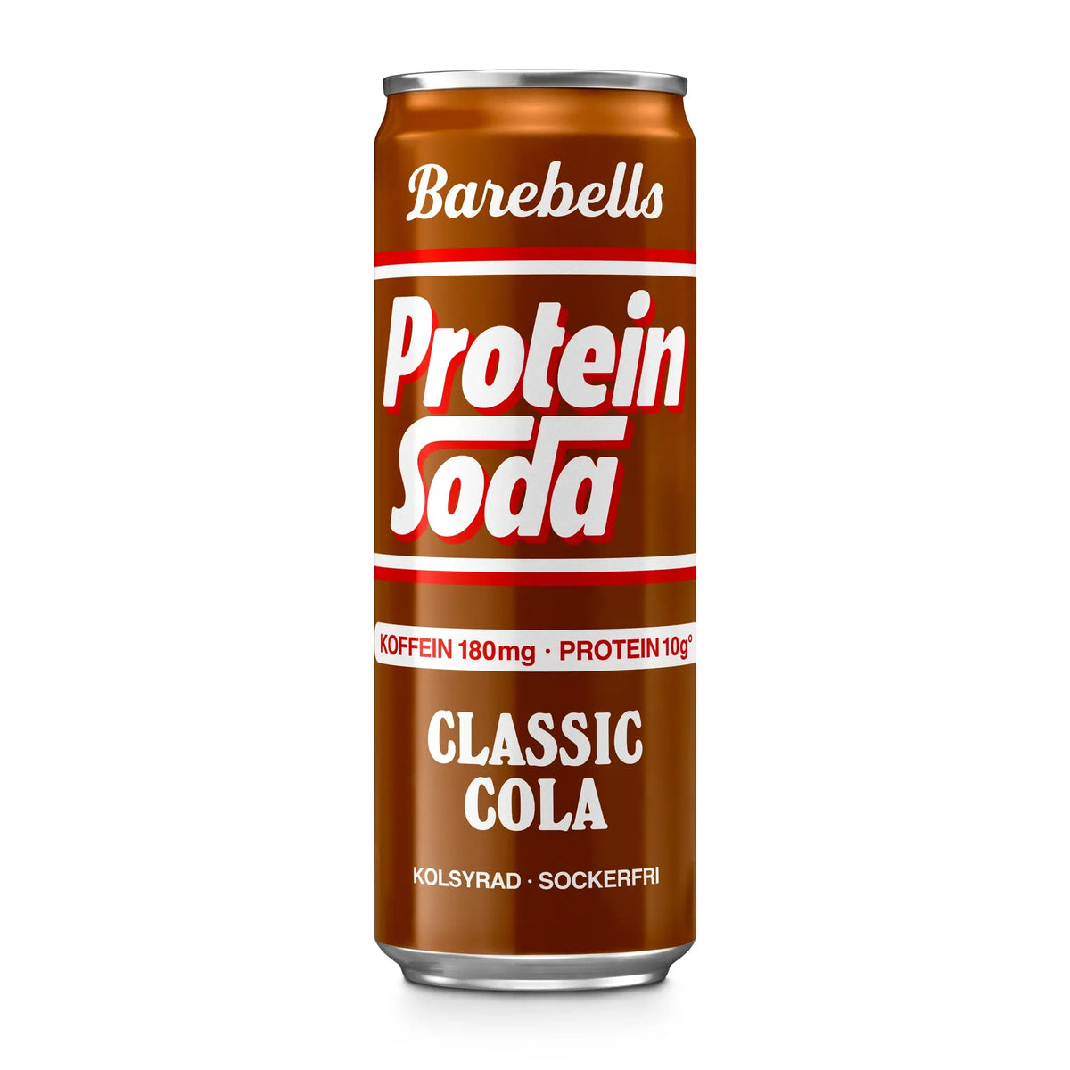Barebells Protein Soda 355 ml proteindryck i en brun burk för smaken Classic Cola.