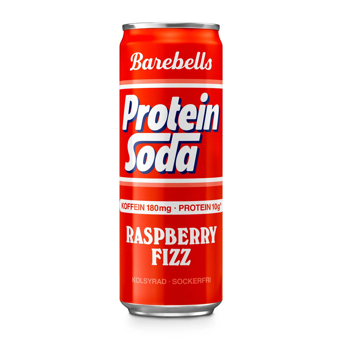 Barebells Protein Soda 355 ml kolsyrad proteindryck i en röd burk med smak av Raspberry Fizz., bild 2 av 3