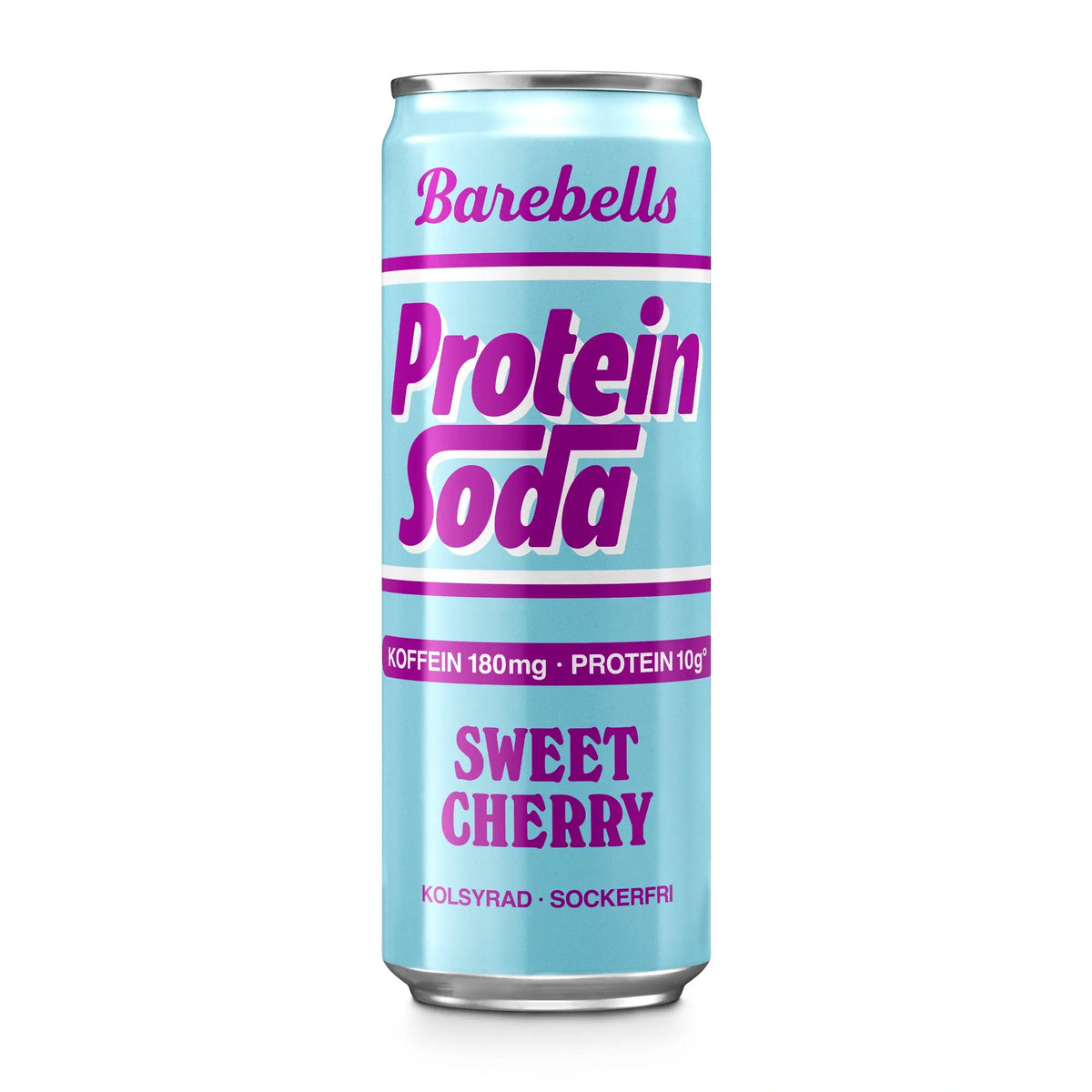 Barebells Protein Soda 355 ml proteindryck i en ljusblå burk med lila detaljer för smaken Sweet Cherry., bild 3 av 3