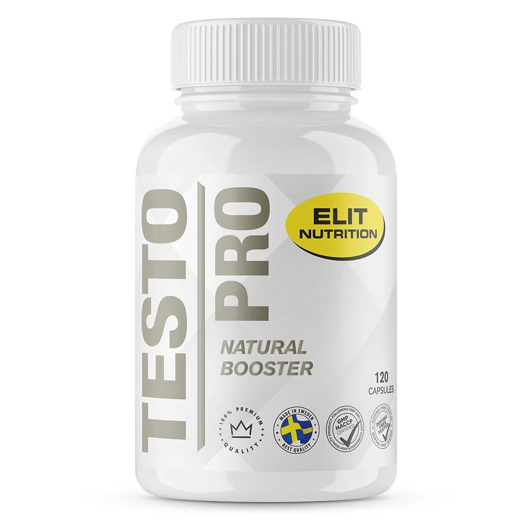 Elit Nutrition Testo PRO 120 caps kosttillskott i en vit plastburk med silvergrå text och gula detaljer., bild 1 av 1