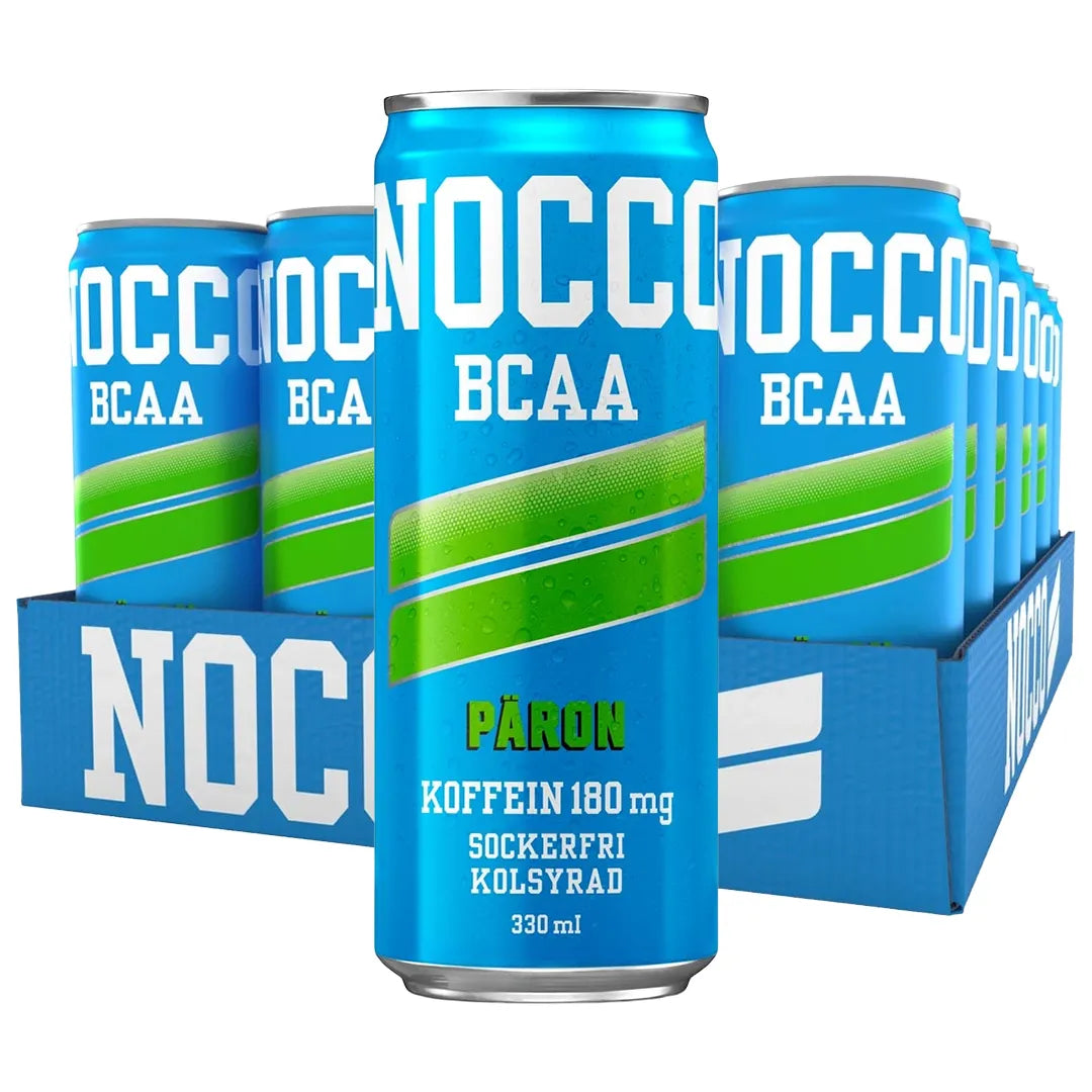 24 x NOCCO Päron 330 ml i ett blått flak med ljusblåa energidrycksburkar med gröna ränder., bild 1 av 1