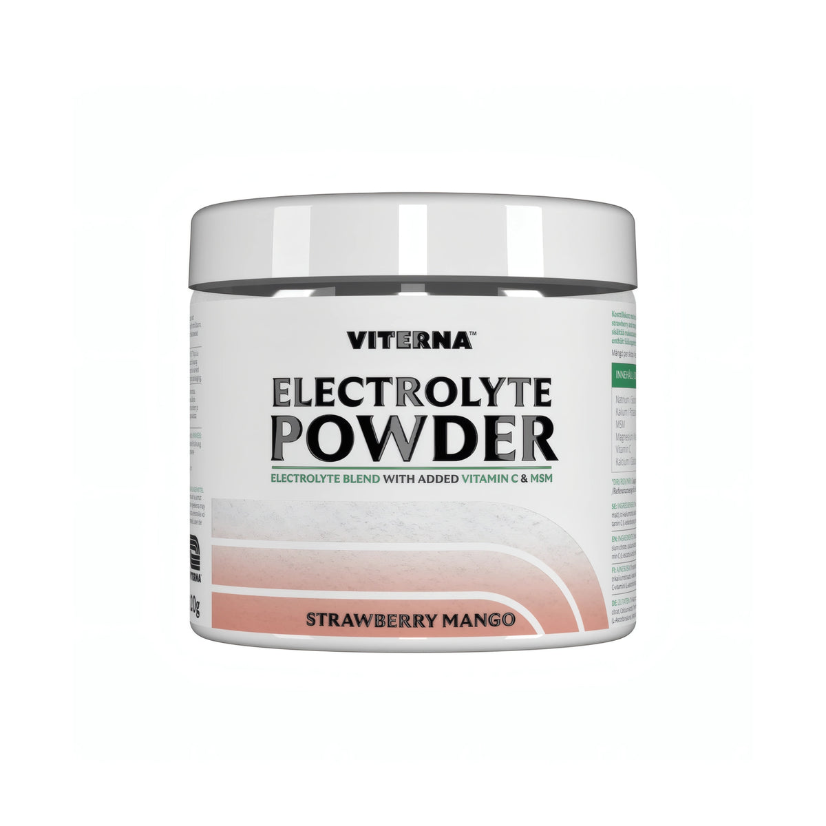 Viterna Electrolyte Powder 120 g elektrolytpulver i en vit burk med rosa detaljer för smaken Strawberry Mango., bild 1 av 7