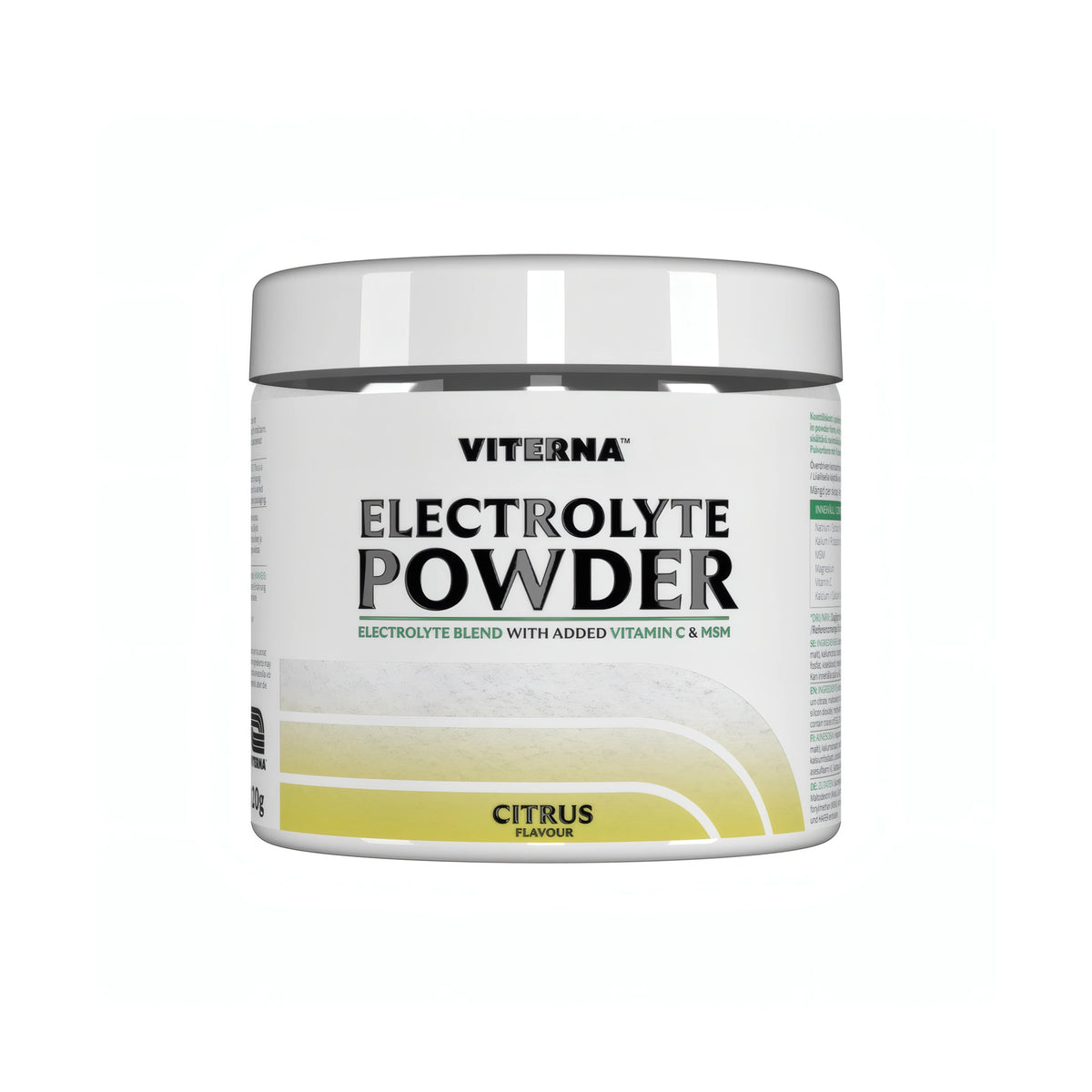 Viterna Electrolyte Powder 120 g elektrolytpulver i en vit burk med gula detaljer och smaken Citrus., bild 2 av 7