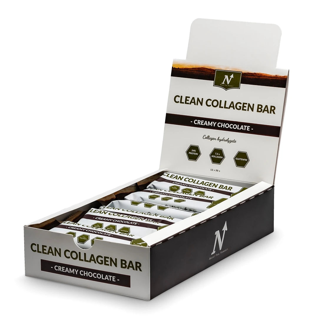 12 x Nyttoteket Clean Collagen Bar 50 g Creamy Chocolate i en vit och brun låda fylld med matchande bars.