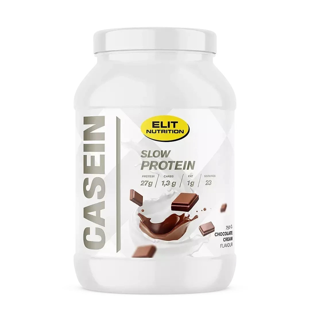 Elit Nutrition Casein 750 g kaseinprotein i vit burk med chokladbitar på etiketten, smak Chocolate Cream., bild 1 av 1
