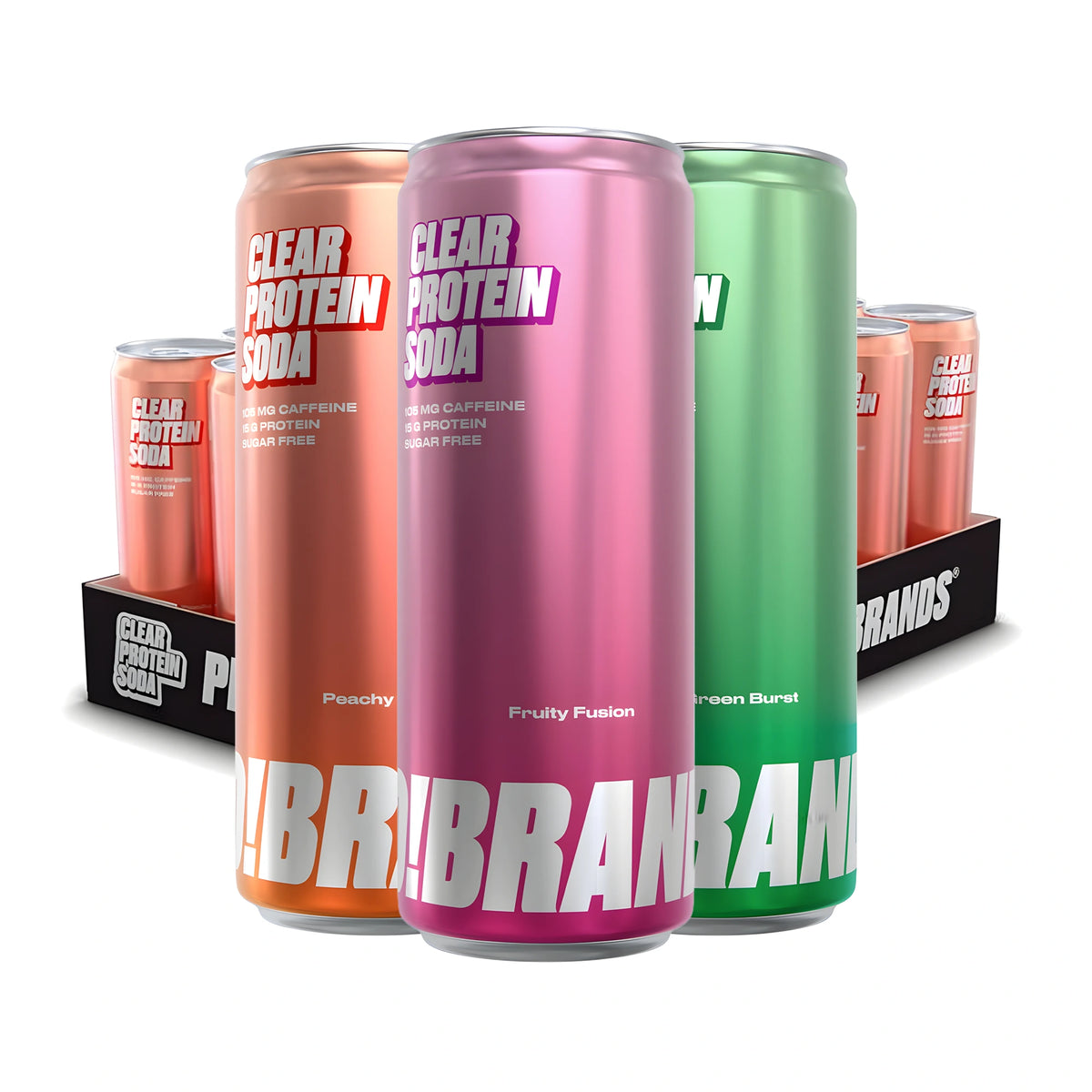 24 x Pro Brands Clear Protein Soda 330 ml Mixflak i ett svart flak med matchande roséfärgade burkar., bild 1 av 1