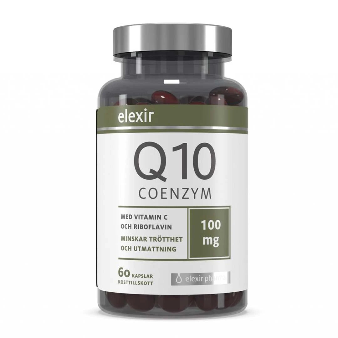 Elexir Pharma Coenzyme Q10 100 mg 60 caps i en transparent burk med mörkgröna kapslar, silverlock och vit etikett med gröna detaljer., bild 1 av 1