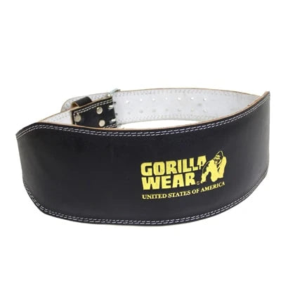 Gorilla Wear Full Leather Padded Belt, ett svart träningsbälte i äkta läder med guldfärgad logga., bild 1 av 3