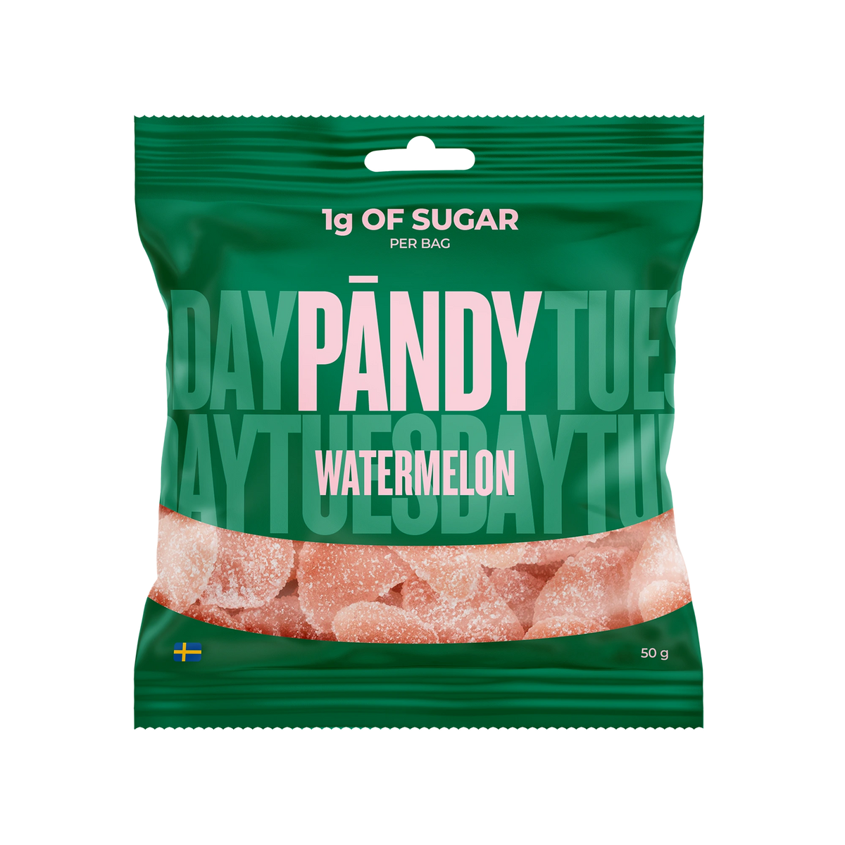 Pändy Candy 50 g Watermelon gelégodis i en grön påse med rosa detaljer., bild 1 av 1