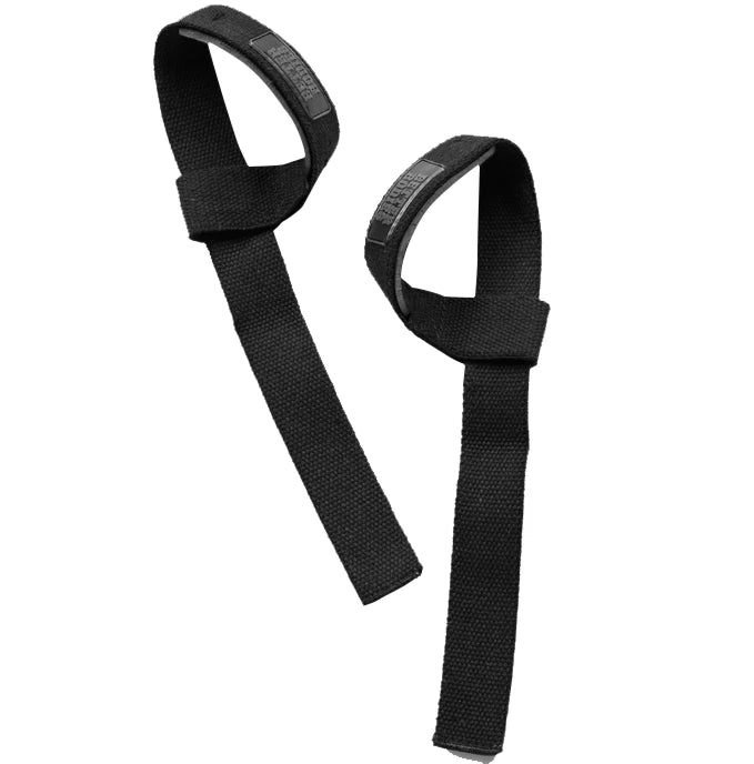 Better Bodies Lifting Straps, ett par svarta justerbara dragremmar i bomull med neoprenstoppning.