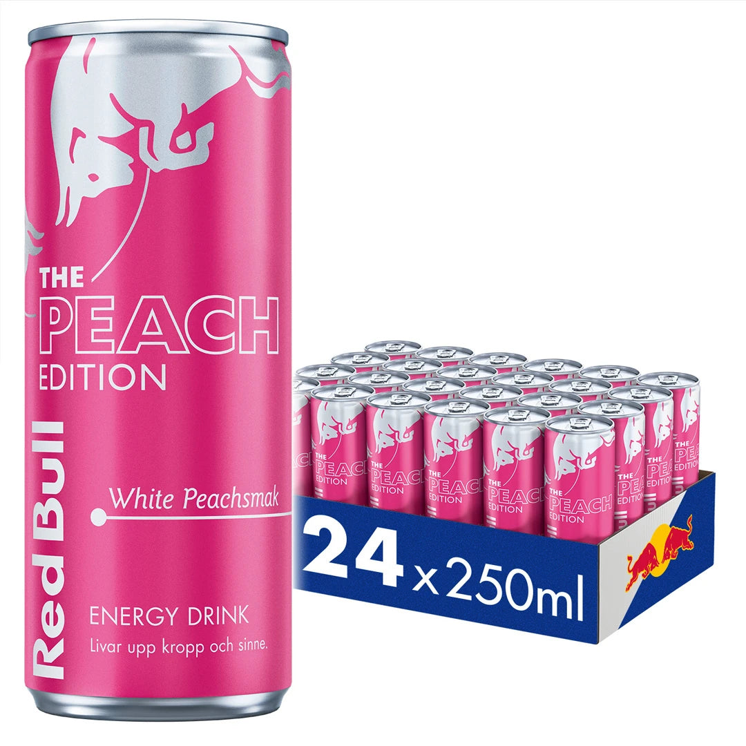 24 x Red Bull 250 ml White Peach i ett flak med rosa burkar och vita detaljer samt märkningen The Peach Edition., bild 1 av 1
