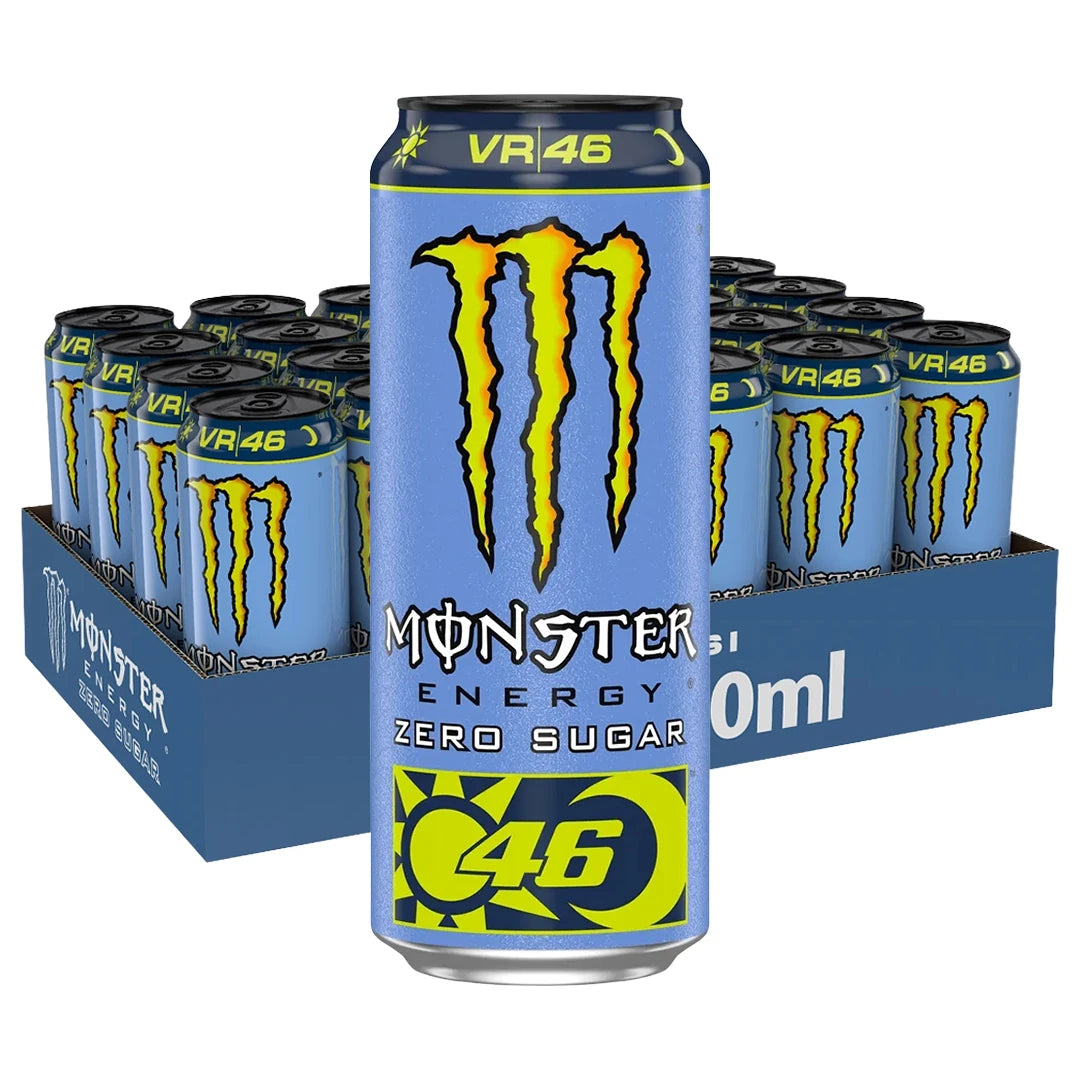 24 x Monster Energy 500 ml VR46 Zero Sugar i ett blått flak med ljusblå burkar och gul logotyp., bild 1 av 1