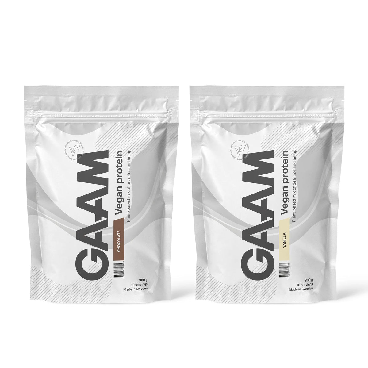 2 x GAAM Vegan Protein 900 g veganskt proteinpulver i två vita påsar för smakerna Chocolate och Vanilla., bild 1 av 1