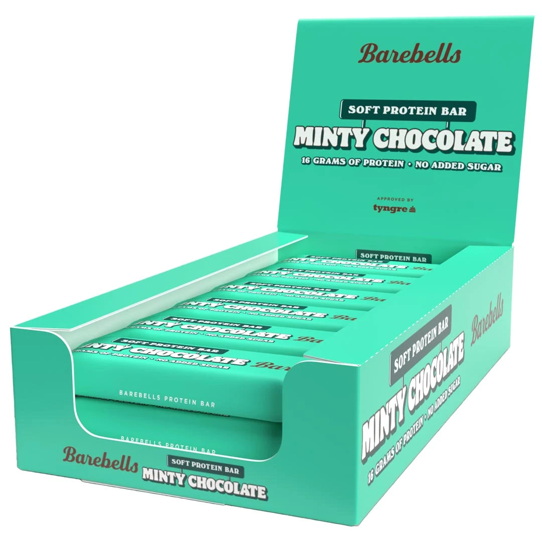 12 x Barebells Soft Bar 55 g Minty Chocolate i en turkos låda med matchande proteinbars i smaken mintchoklad., bild 1 av 1