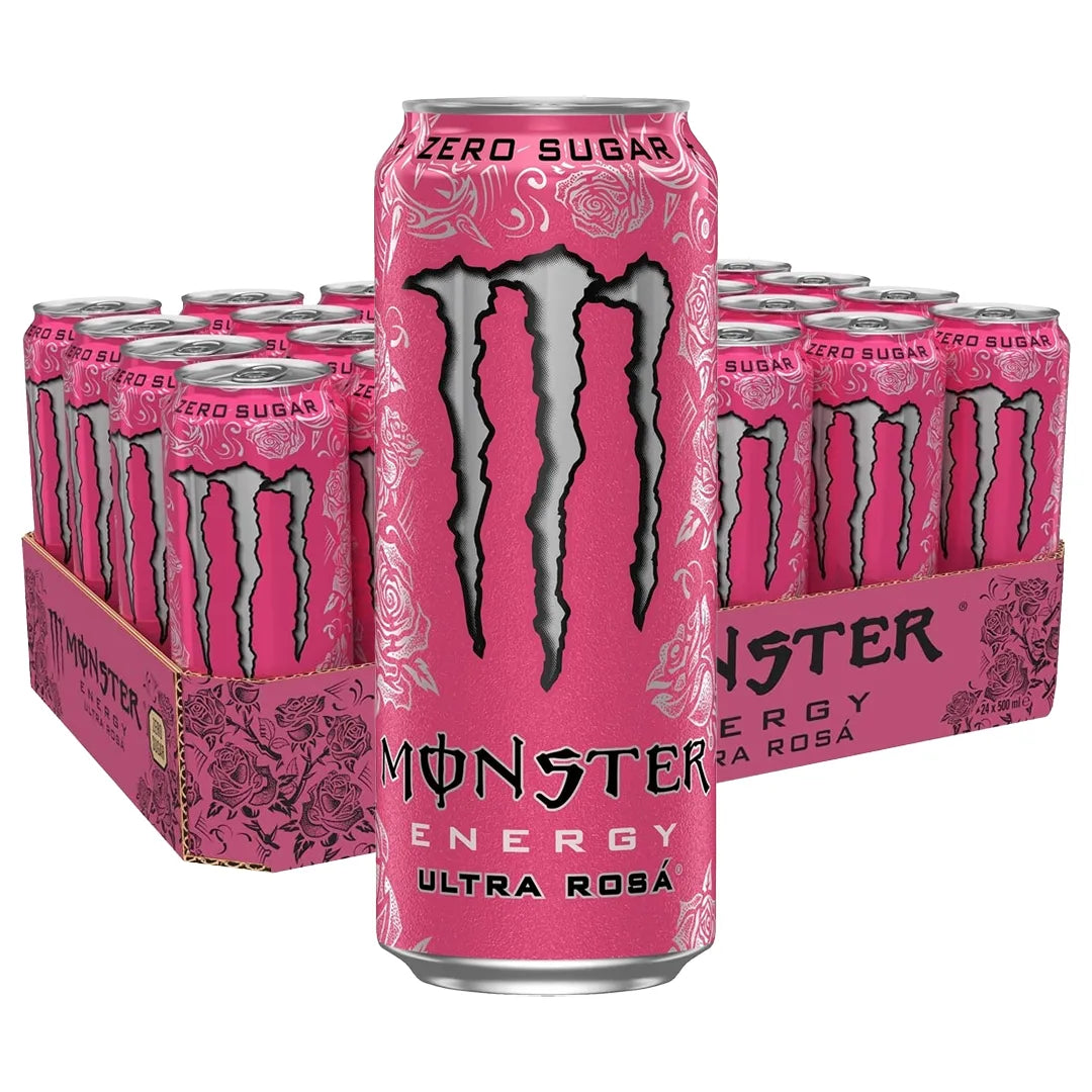 24 x Monster Energy 500 ml Ultra Rosa (sockerfri) i ett mönstrat rosa flak fyllt med rosa burkar., bild 1 av 1