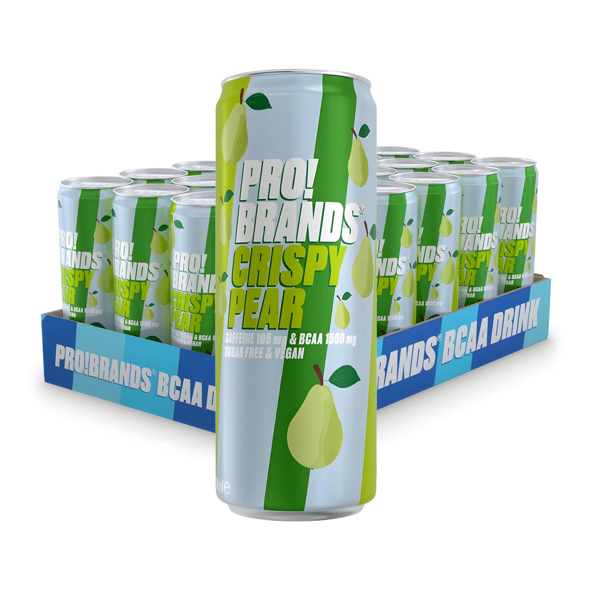24 x Pro Brands BCAA Drink 330 ml Crispy Pear i ett blått flak med grönblå burkar dekorerade med päronmotiv., bild 1 av 1
