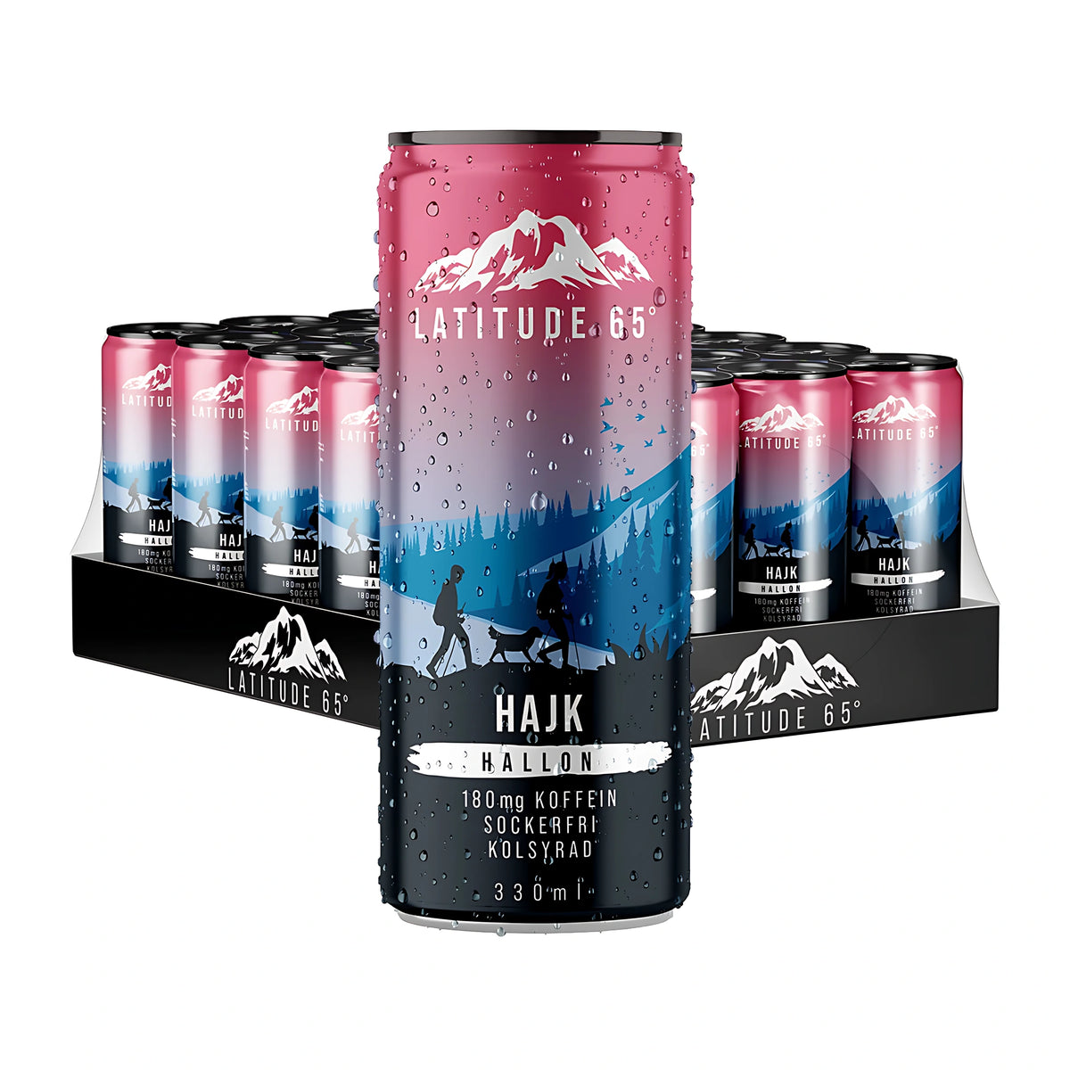 24 x Latitude 65 330 ml HAJK - Hallon i ett helt flak med en daggfrisk rosa och svart burk stående i förgrunden., bild 1 av 1
