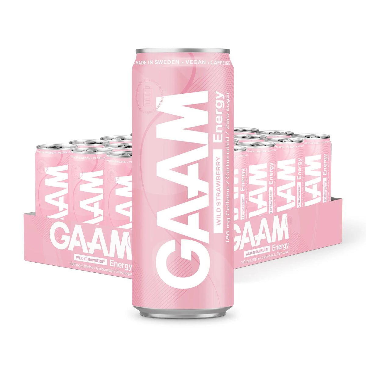 24 x GAAM Energy 330 ml Wild Strawberry energidryck i ett rosa flak med ljusrosa burkar., bild 1 av 1
