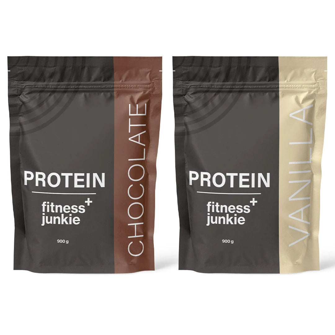 2 x fitnessjunkie Protein 900 g Vassleprotein i två mörka påsar för smakerna Chocolate och Vanilla., bild 1 av 1
