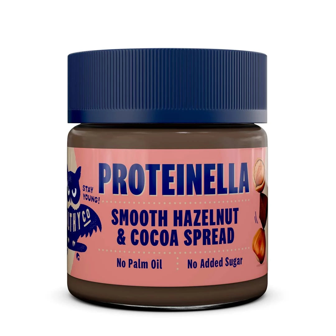 HealthyCo Proteinella 200 g nötcreme i en burk med rosa etikett och blått lock för smaken Hazelnut., bild 1 av 1