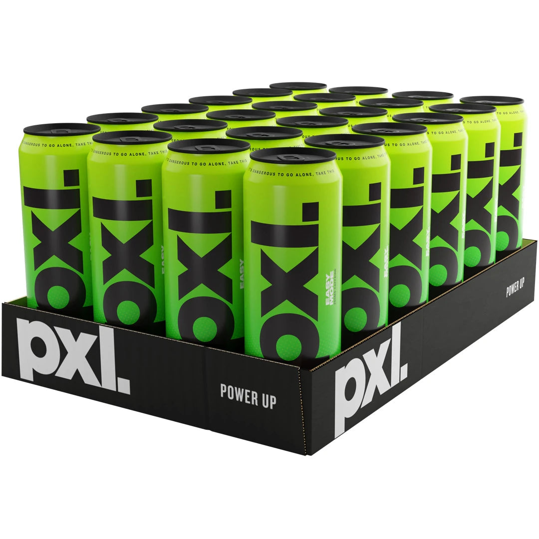 24 x PXL Energy 500 ml Easy Mode i ett svart flak med neongröna energidrycksburkar och svart logotyp., bild 1 av 1