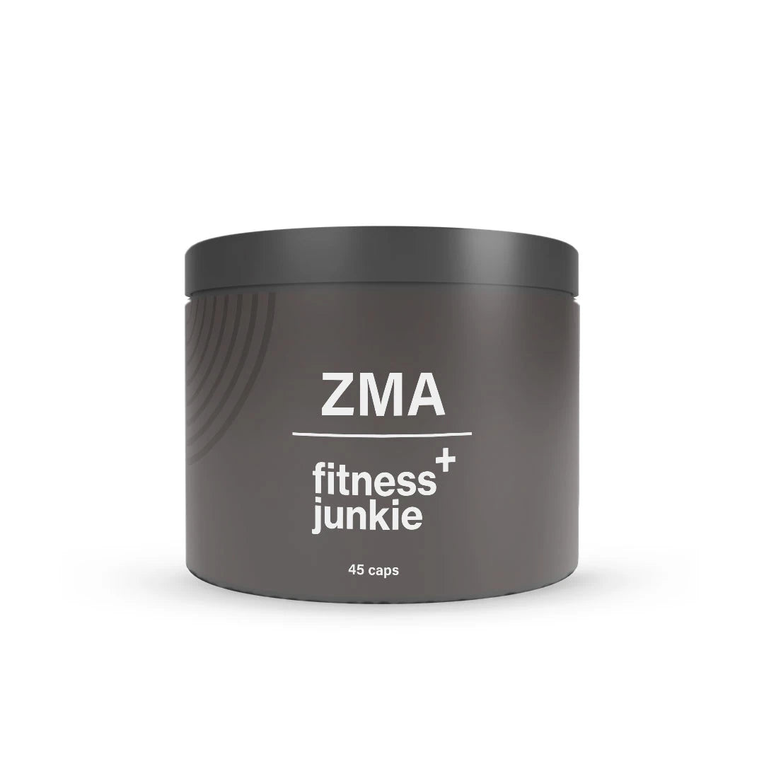 fitnessjunkie ZMA 45 caps kosttillskott i en stilren mörkgrå burk med vit text., bild 1 av 1