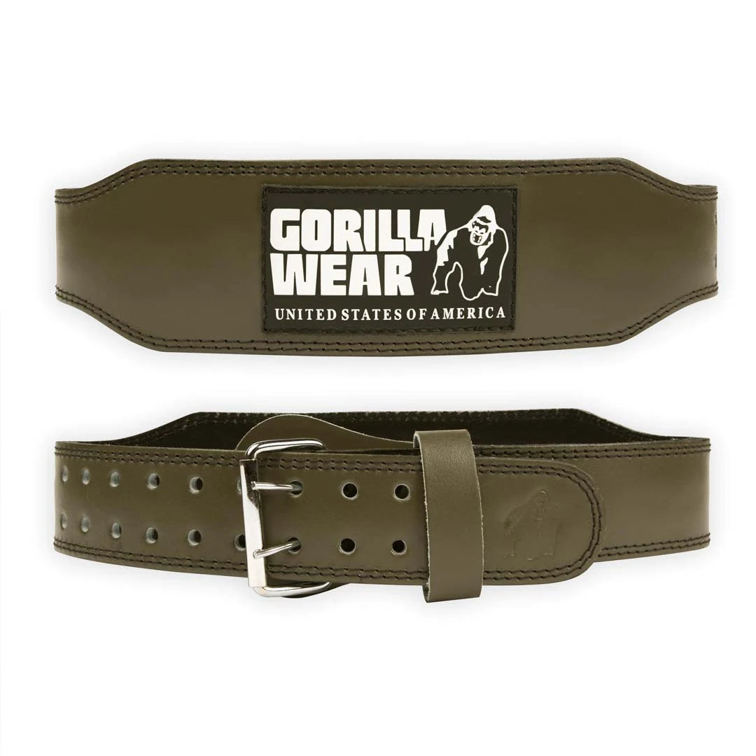 Gorilla Wear 4 Inch Padded Leather Belt Army Green, ett träningsbälte i mörkgrönt läder med stålspänne och logotyp., bild 2 av 4