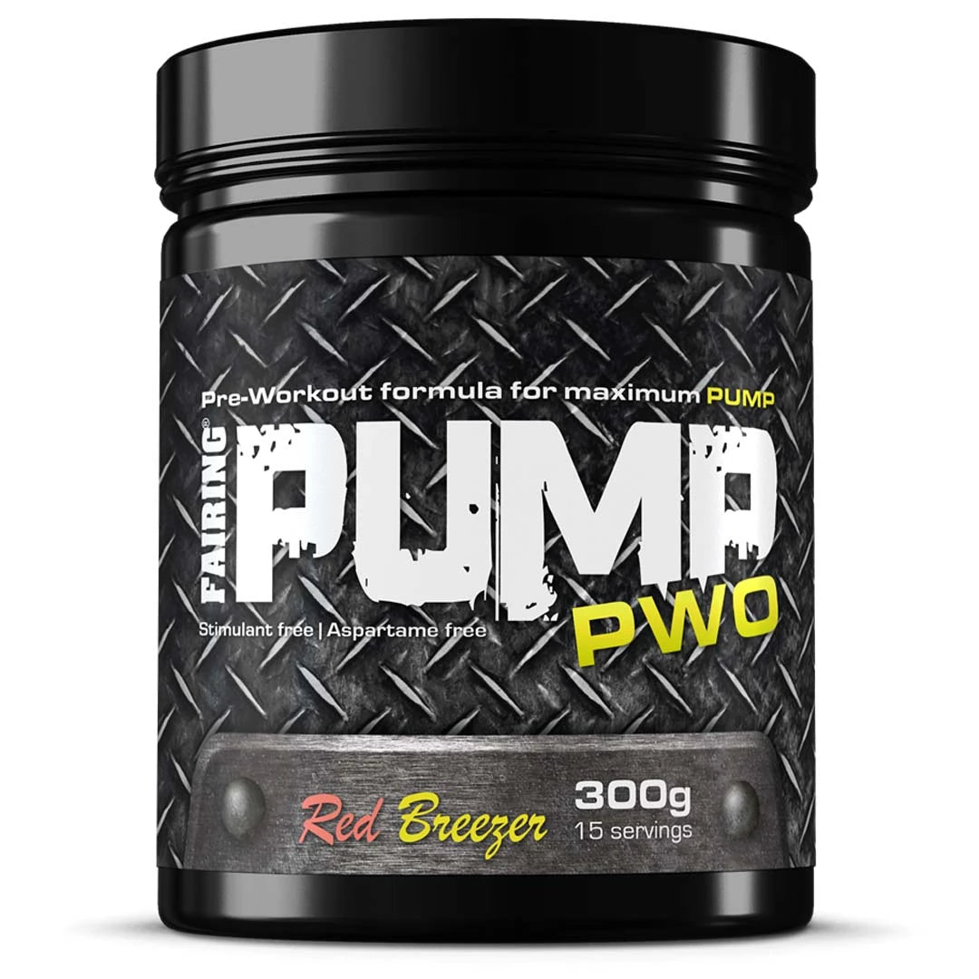Fairing PUMP 300 g pre-workout pulver i en svart burk med mönstrad etikett och smaken Red Breezer., bild 1 av 1