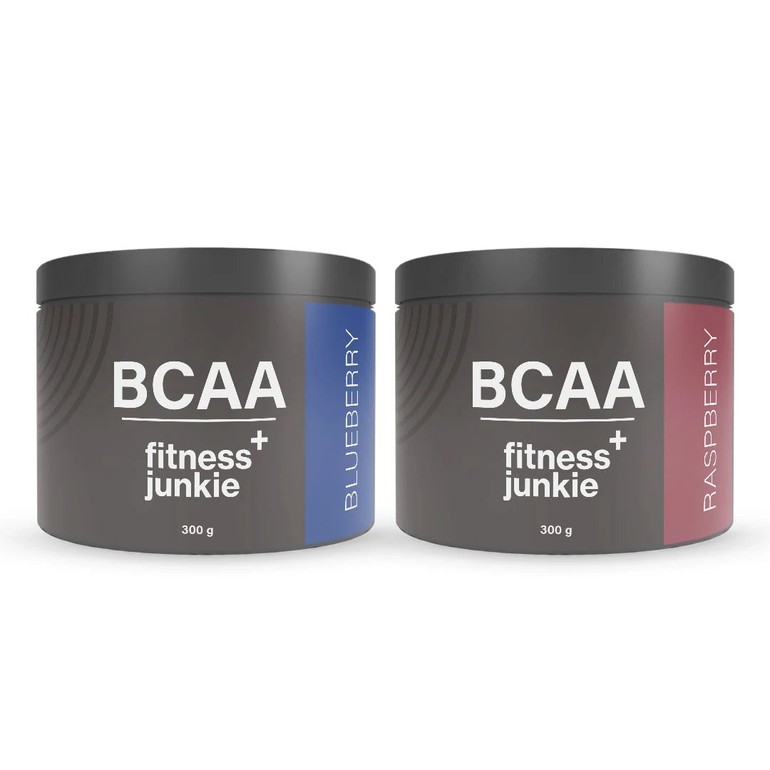 2 x fitnessjunkie BCAA 300 g aminosyror i två mörkgrå burkar med smaker Blueberry och Raspberry., bild 1 av 1