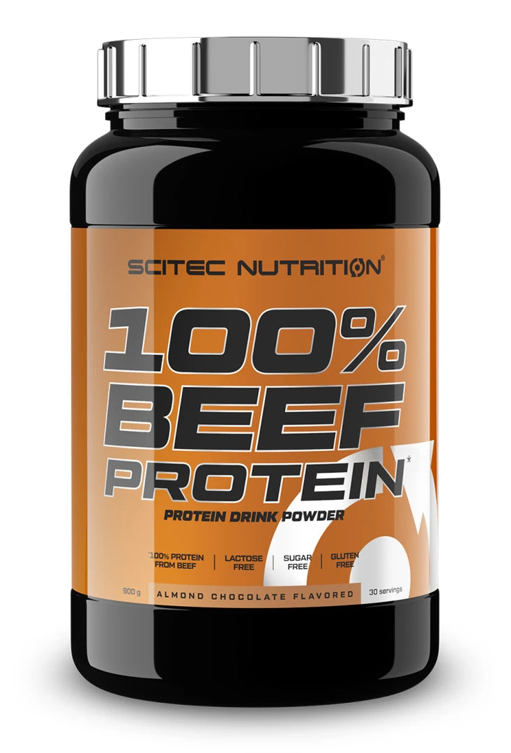 Scitec Nutrition 100% Hydro Beef Peptides 900 g biffproteinpulver i en svart burk med orange etikett., bild 1 av 1