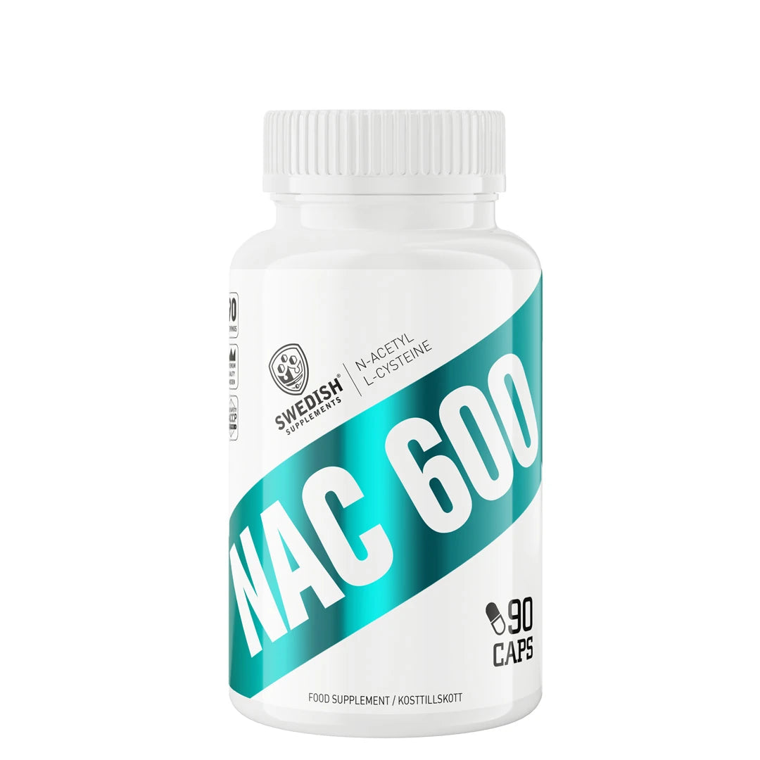 Swedish Supplements NAC 600 90 caps i en vit burk med turkos text för aminosyran N-acetyl-L-cystein., bild 1 av 1