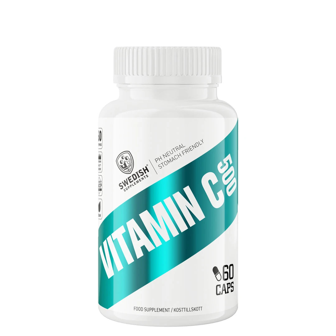 Swedish Supplements Vitamin C 500 (PH neutral) 60 caps i en vit burk med ett brett turkost band och svart text.
