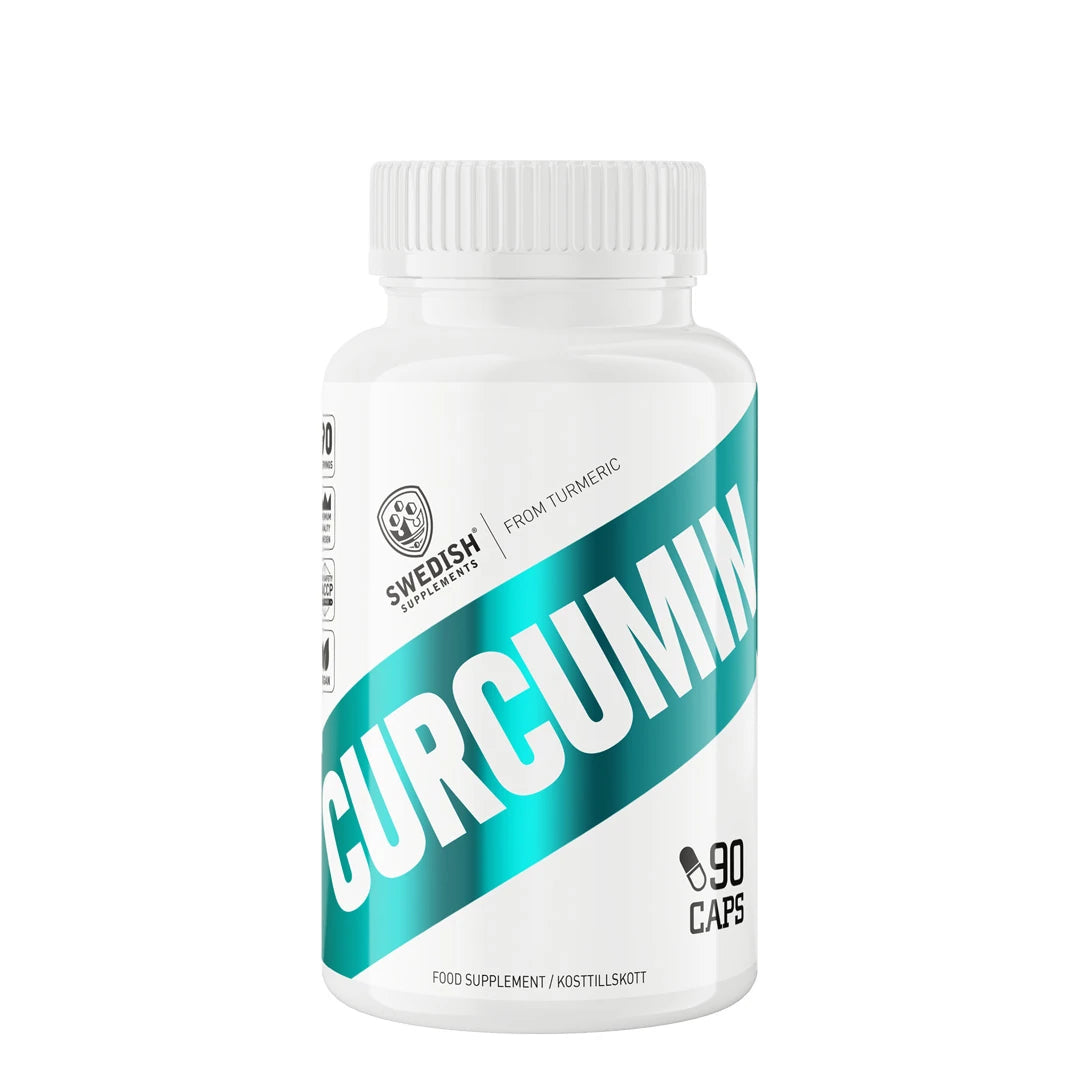 Swedish Supplements Curcumin 90 caps kosttillskott i en vit plastburk med turkosa grafiska detaljer., bild 1 av 1