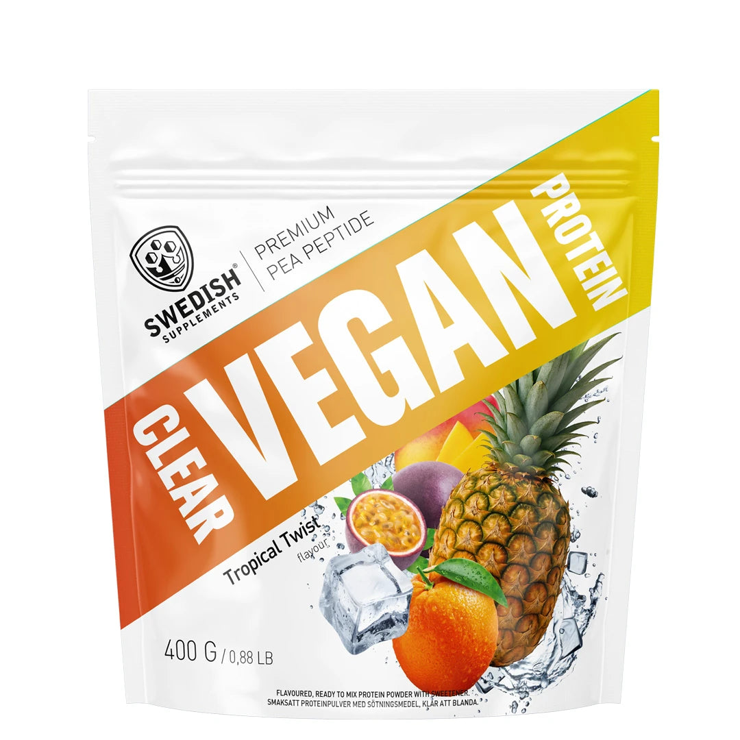 Swedish Supplements Clear Vegan Protein 400 g veganskt proteinpulver i en vit påse med orange och gula detaljer för smaken Tropical Twist., bild 1 av 2