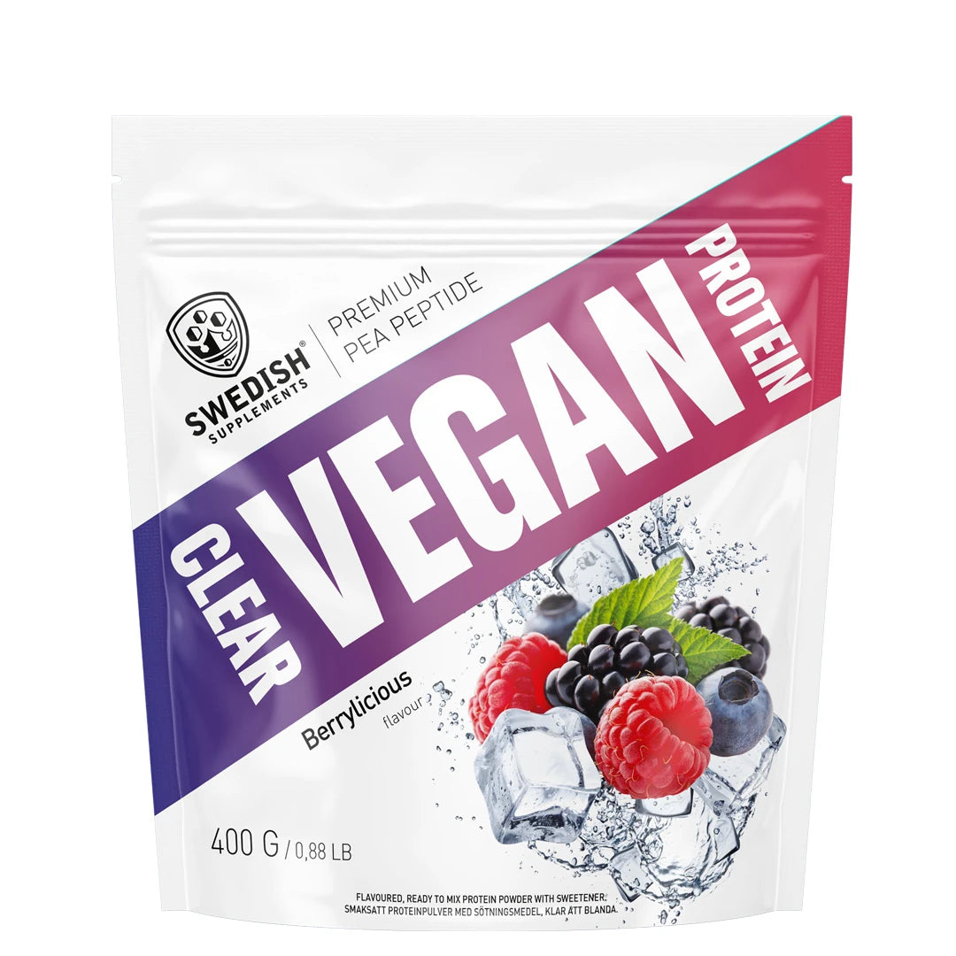 Swedish Supplements Clear Vegan Protein 400 g veganskt proteinpulver i en vit påse med lila och rosa detaljer för smaken Berrylicious., bild 2 av 2