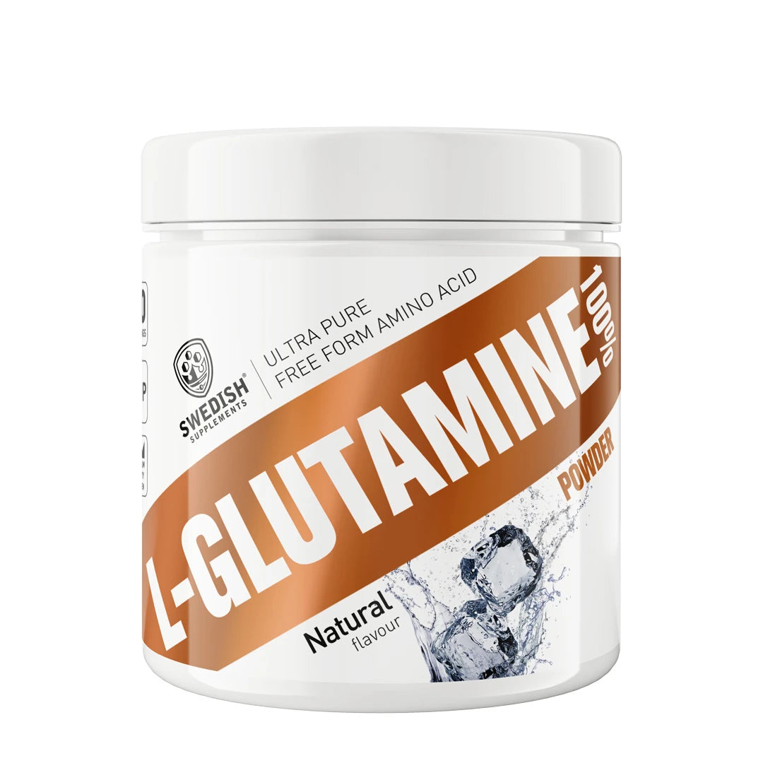 Swedish Supplements L-Glutamine 250 g aminosyrapulver i en vit burk med bronsfärgade detaljer och naturell smak.