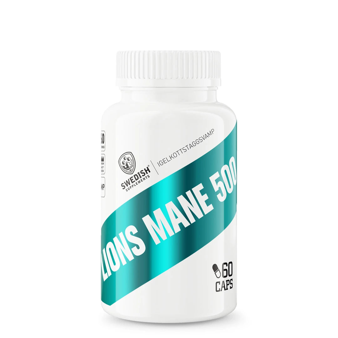 Swedish Supplements Lions Mane 500 60 caps i en vit burk med turkosa detaljer., bild 1 av 1