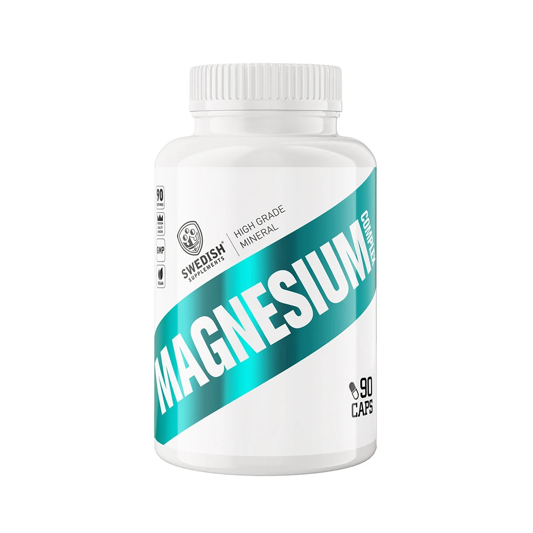 Swedish Supplements Magnesium Complex 90 caps i en vit burk med en bred turkos detalj över etiketten., bild 1 av 1