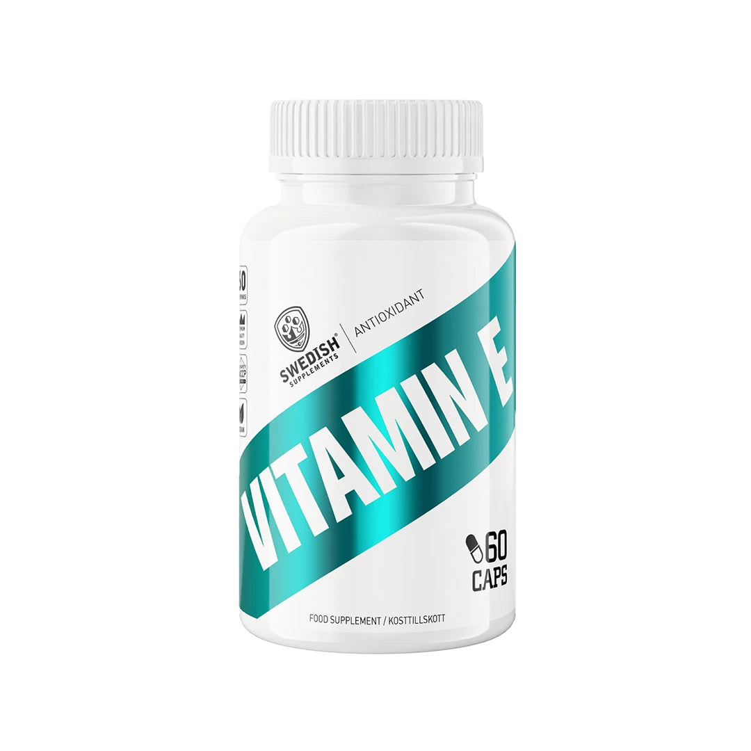 Swedish Supplements Vitamin E 60 caps i en vit burk med grön etikett och text för antioxidant., bild 1 av 1