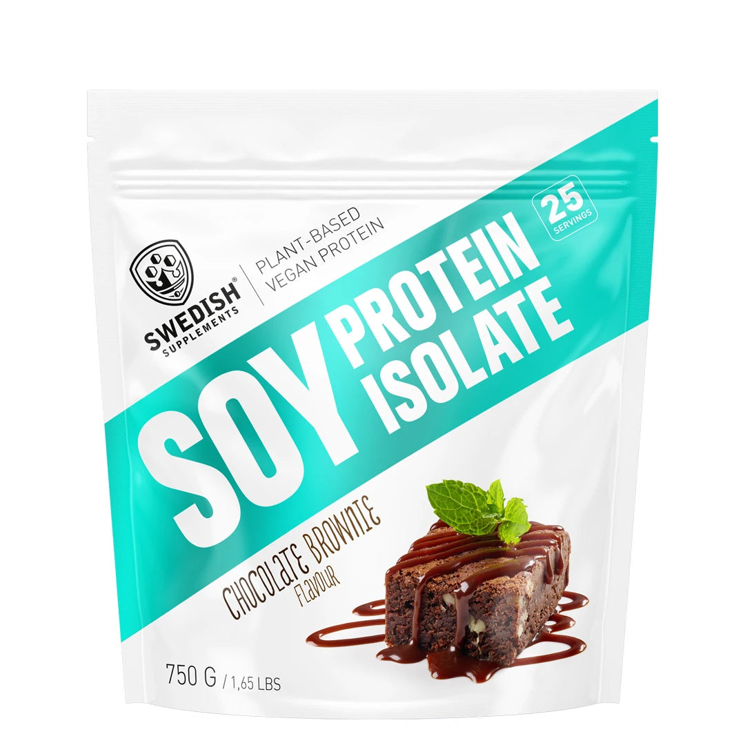 Swedish Supplements Soy Protein Isolate 750 g Naturell proteinpulver i vit påse med turkosa detaljer och en brownie., bild 1 av 1
