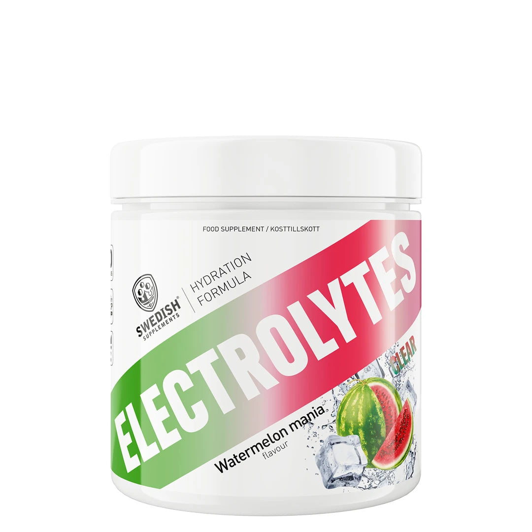 Swedish Supplements Clear Electrolytes 240 g i en vit burk med motiv av vattenmelon och is för smaken Watermelon Mania., bild 1 av 1