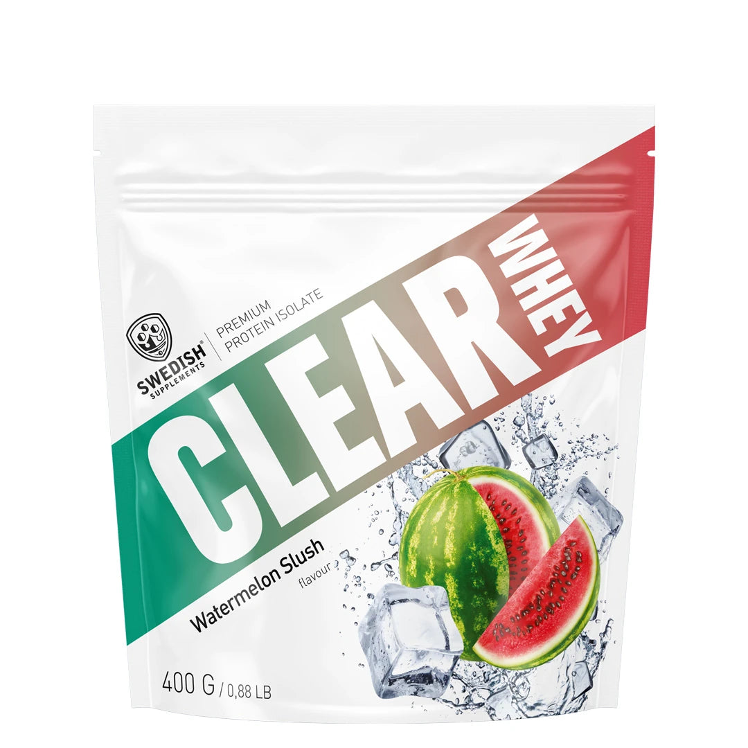 Swedish Supplements Clear Whey 400 g proteinpulver i vit påse med röd och grön grafik för smaken Watermelon Slush., bild 1 av 1