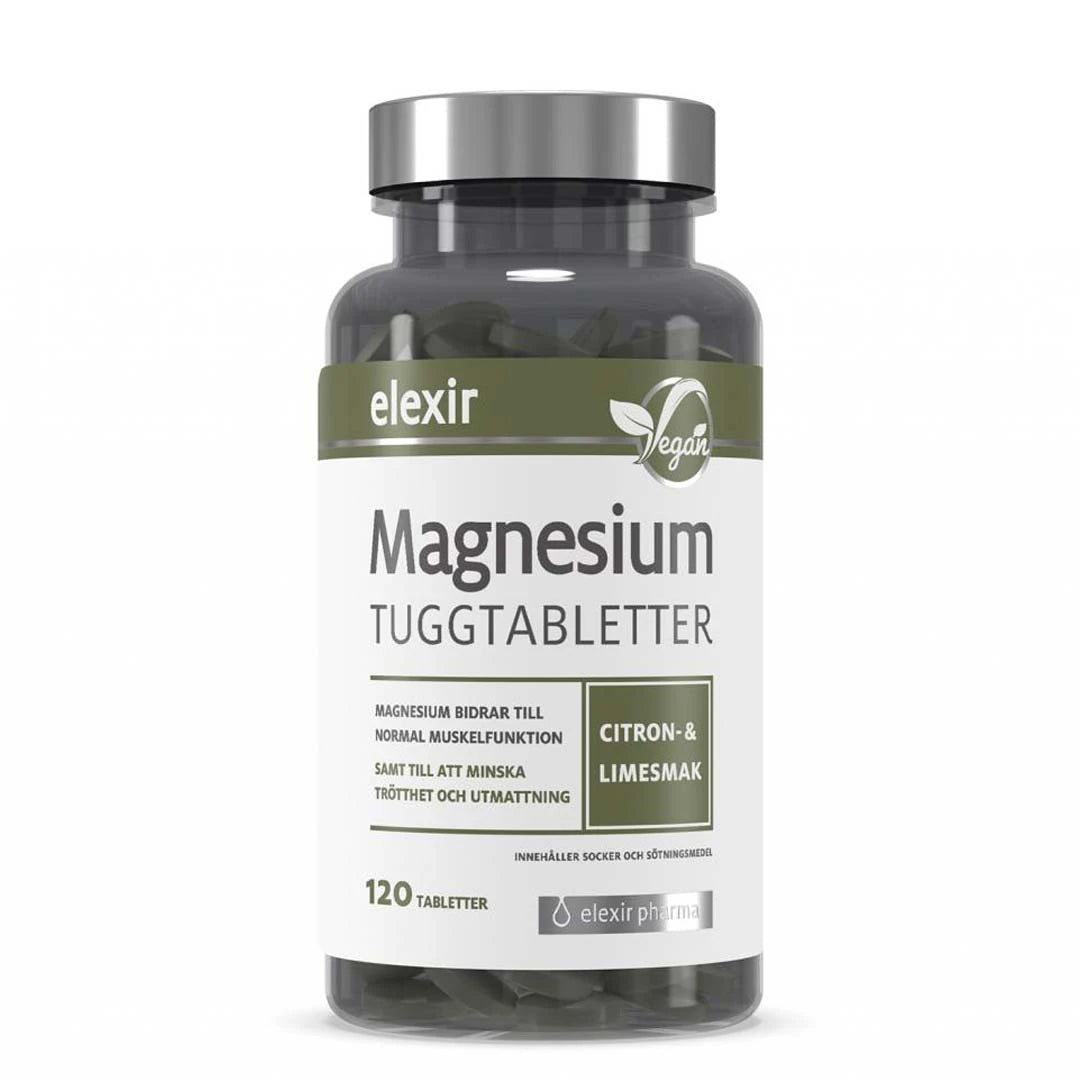 Elexir Pharma Magnesium Tuggtabletter 120 tabs i en transparent burk med grön och vit etikett., bild 1 av 1