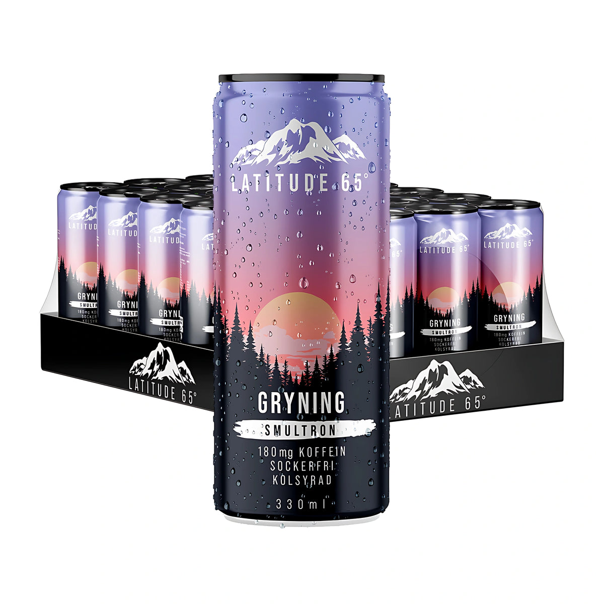 24 x Latitude 65 330 ml Gryning - Smultron i ett 24-pack med lila och rosa burkar prydda med skogsmotiv.