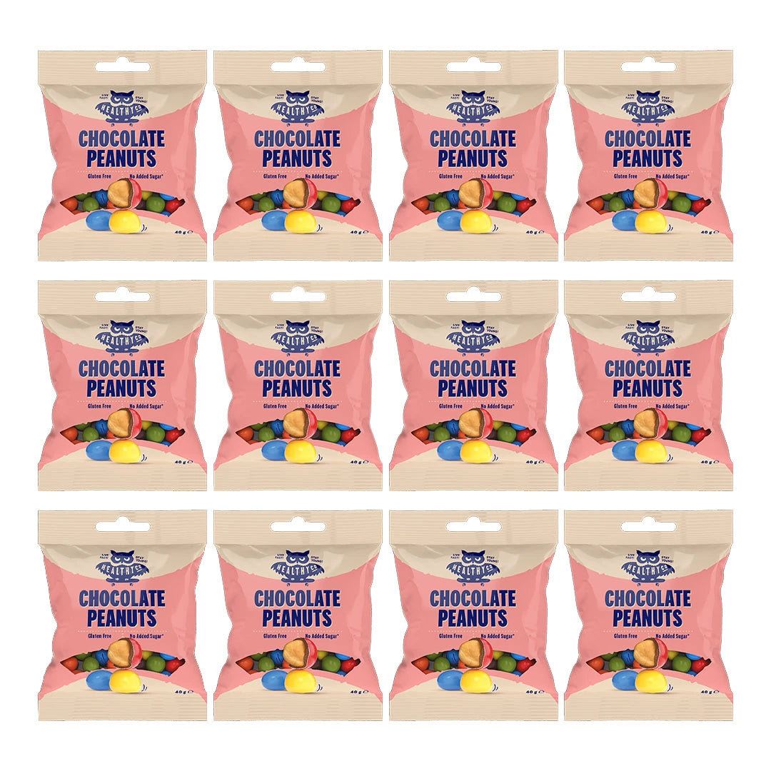 12 x Healthyco Chocolate 40 g Peanuts i rosa påsar med färgglada chokladdoppade jordnötter.