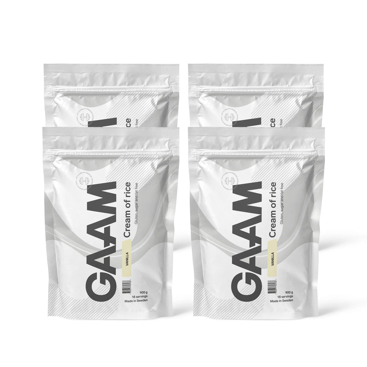 4 x GAAM Cream of Rice 900 g kolhydrater i fyra vita påsar med svarta detaljer för smaken Vanilla., bild 1 av 1