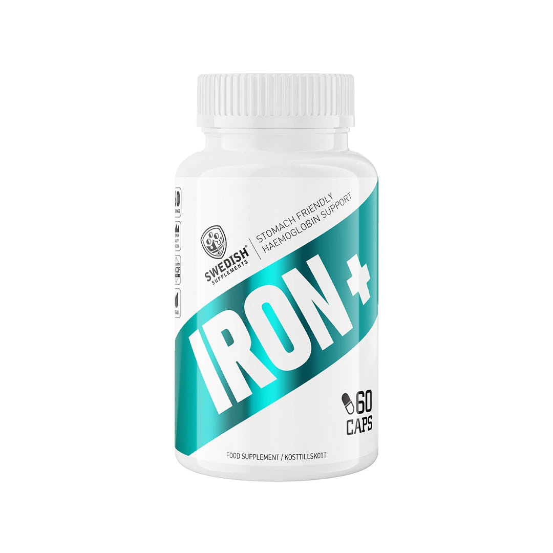 Swedish Supplements Iron Plus 60 caps i en vit plastburk med turkosa detaljer och svart text., bild 1 av 1