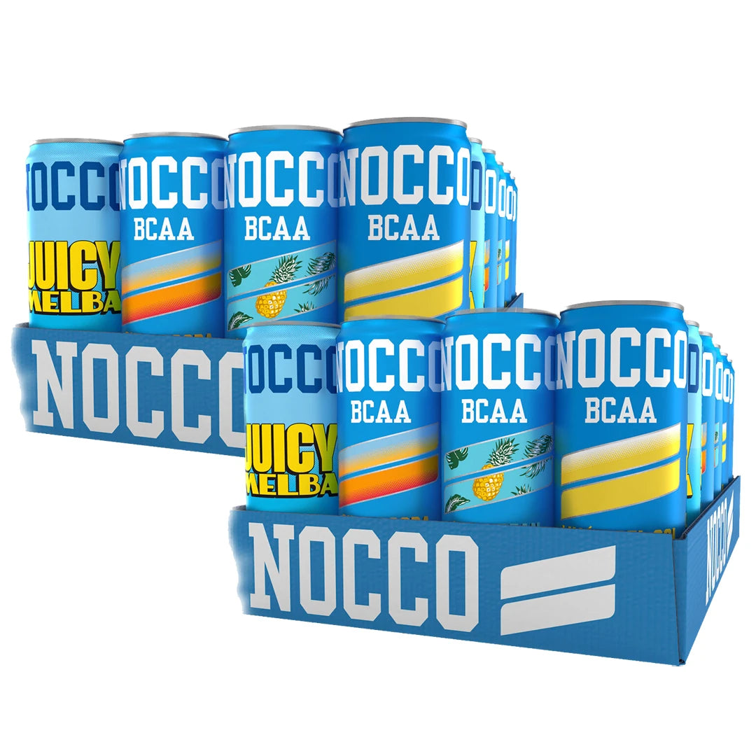 48 x NOCCO BCAA / BCAA+ 330 ml Mixflak bestående av två staplade blåa flak fyllda med färgglada energidrycksburkar., bild 1 av 1