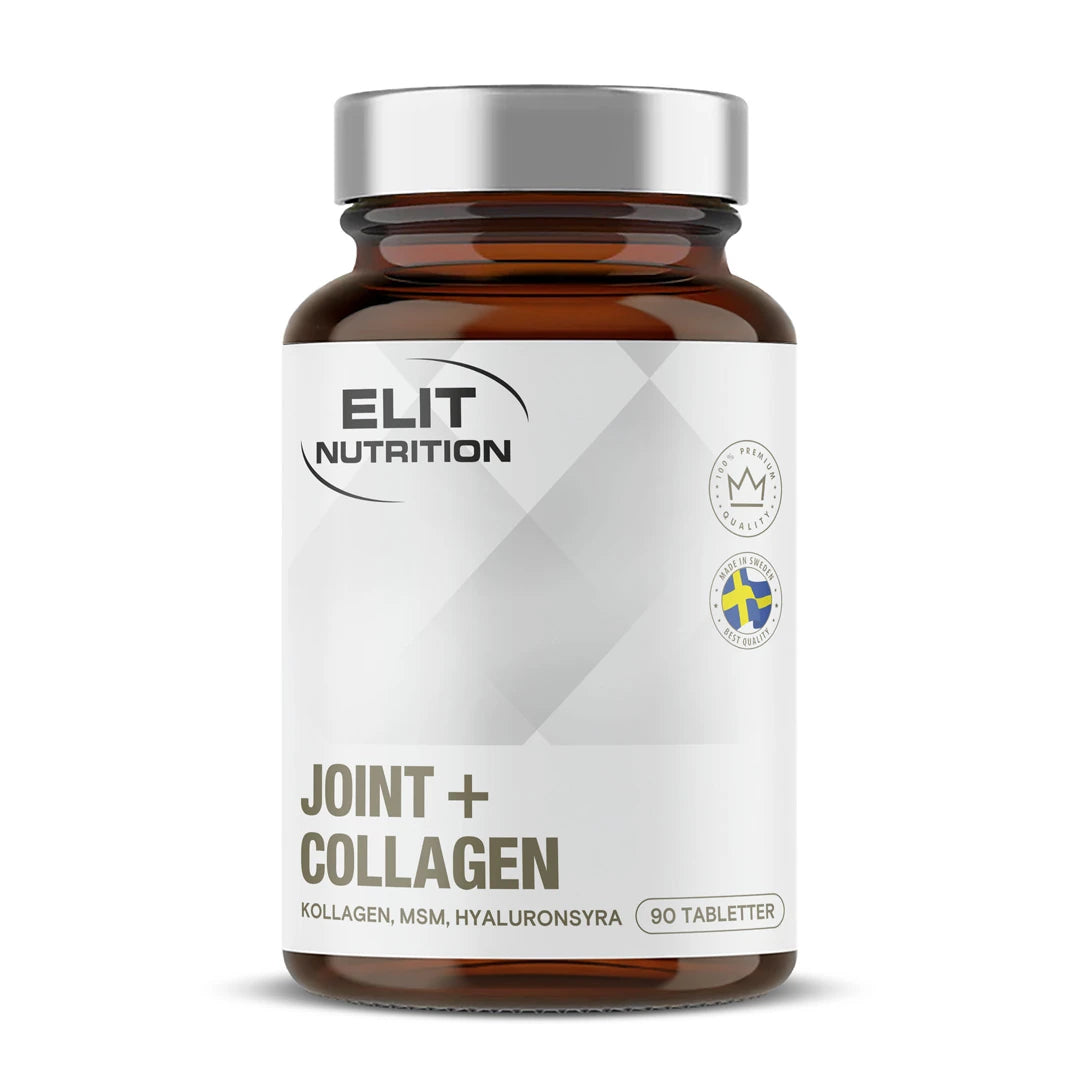 Elit Nutrition Strong Joint 90 caps, kosttillskott i en mörkbrun burk med silverlock och vit etikett., bild 1 av 1